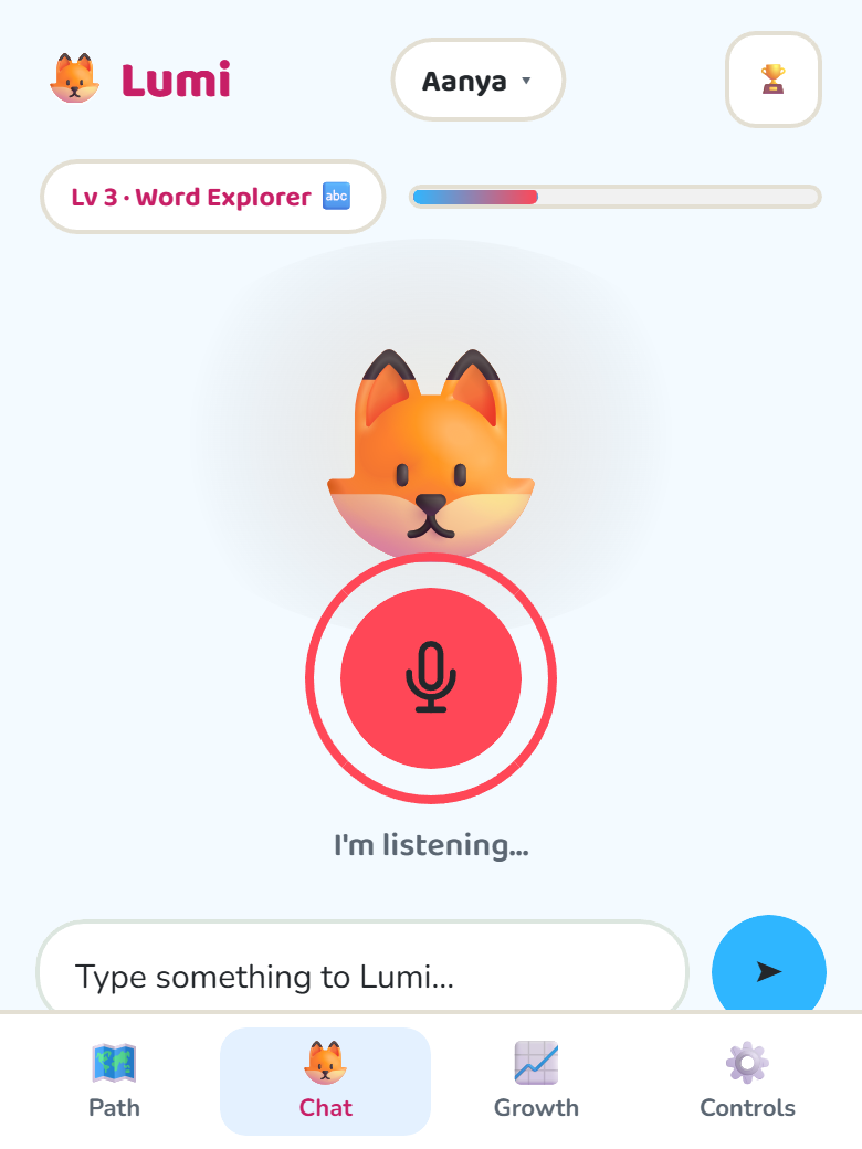 Lumi's Chat tab showing the friendly fox avatar actively listening, ready to talk with no button press needed